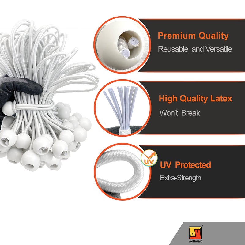 Wellmax 9 inch 50 Piece Heavy Duty 5mm Ball Bungee Canopy Cord by Wellmax, White Color - Image 2